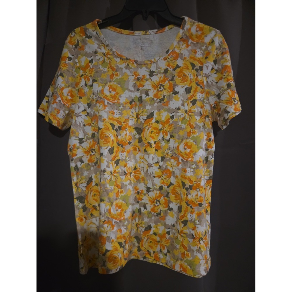 Women's White Stag Floral T shirt Short Sleeve Tee L Yellow Orange Green